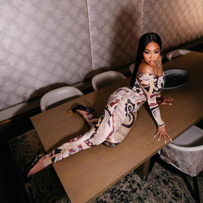 Sexy Print Off-shoulder Cinched Bodycon One-piece Trousers - Gizmo Galaxy