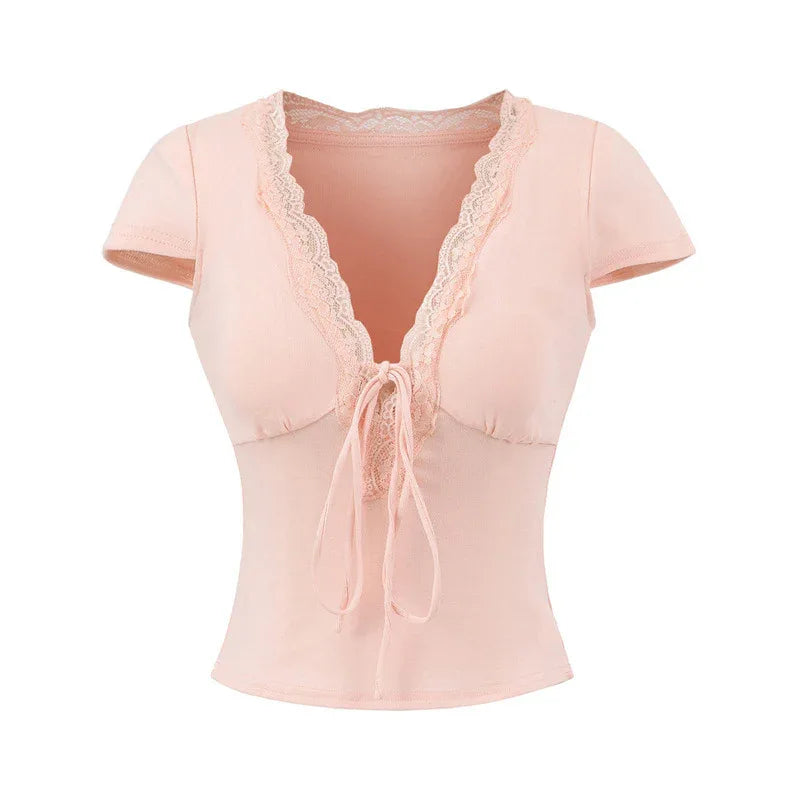 European And American Style Slim Chest Pad Lace V-neck Short Sleeve - Gizmo Galaxy