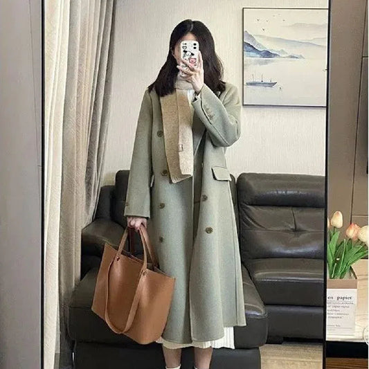 Socialite Style Matcha Green Woolen Coat For Women - Gizmo Galaxy