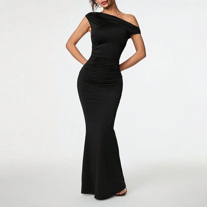 Women's Sexy Socialite-style Dress Summer Off-shoulder Slant-neck Black Evening Gown Maxi Dress - Gizmo Galaxy