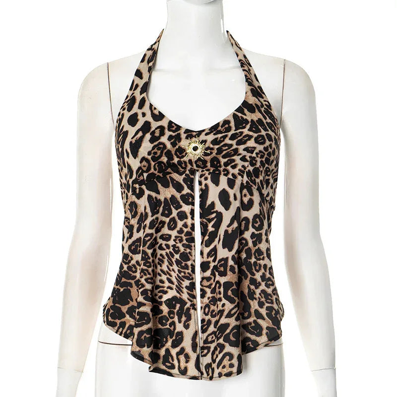 European And American Contrast Color Halter Leopard Print Printed Sexy Top For Women - Gizmo Galaxy