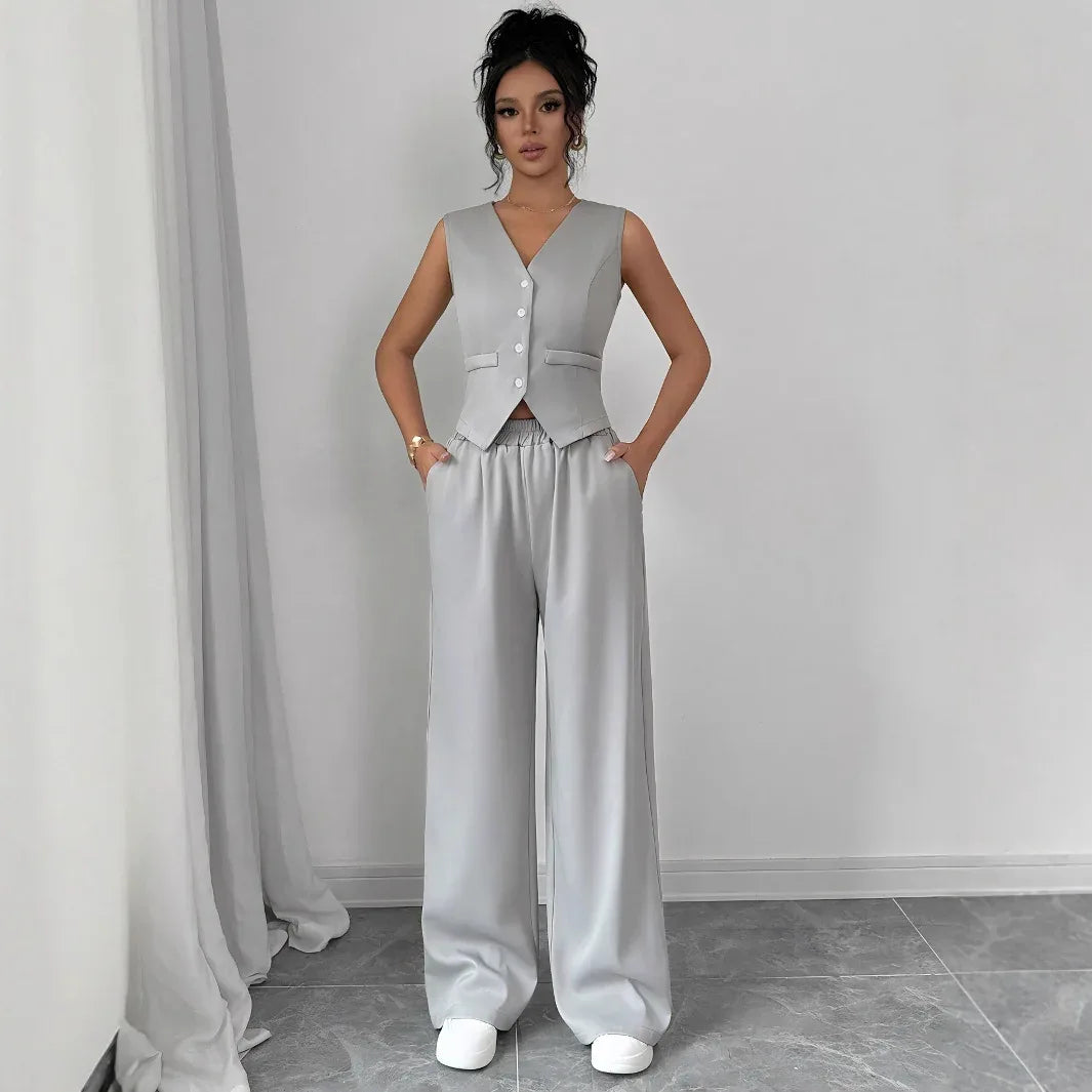 Elegant Button-front Sleeveless Vest And Trousers Set - Gizmo Galaxy