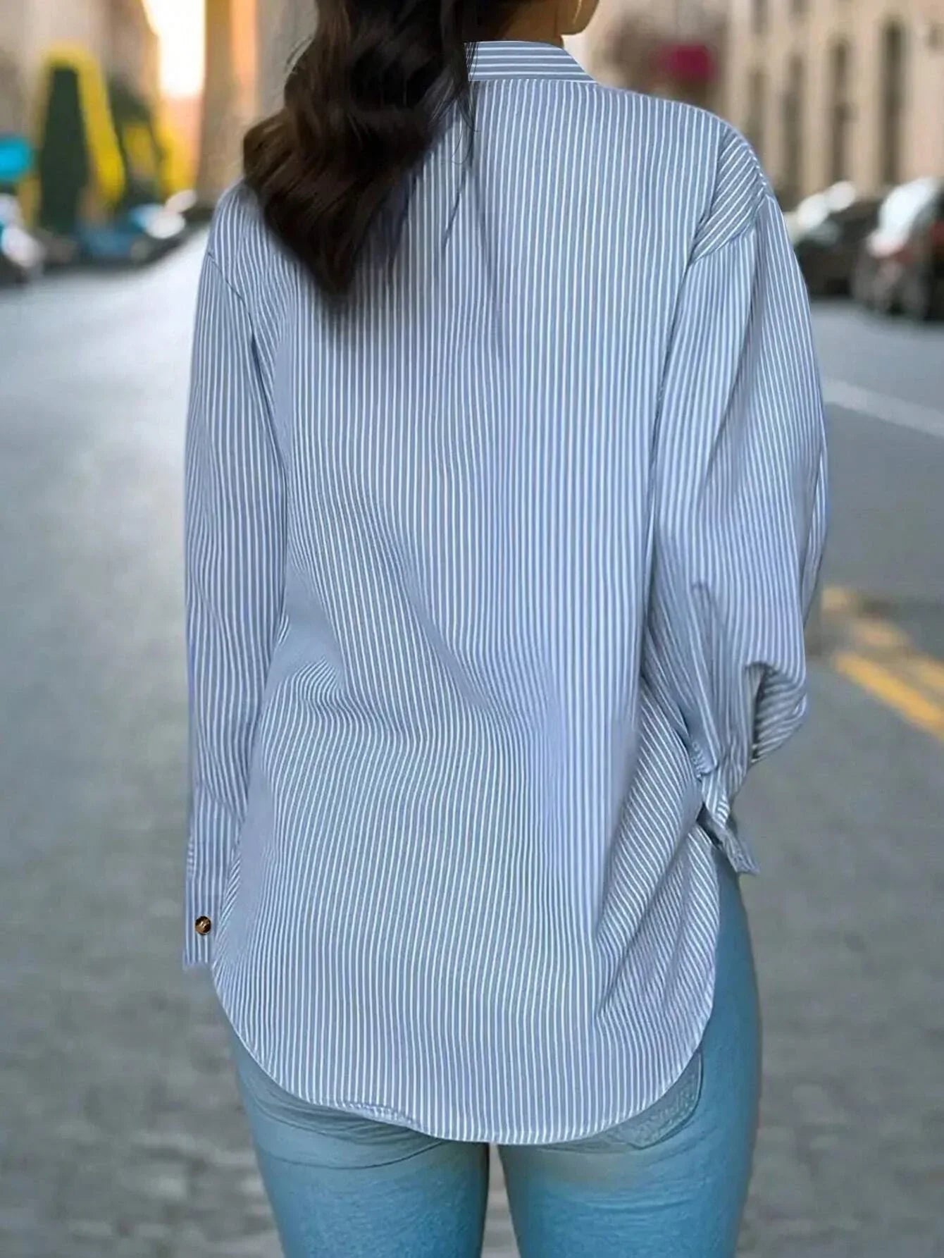 Women's Vertical Striped Notched Collar Shirt,Long Sleeve Tops - Gizmo Galaxy