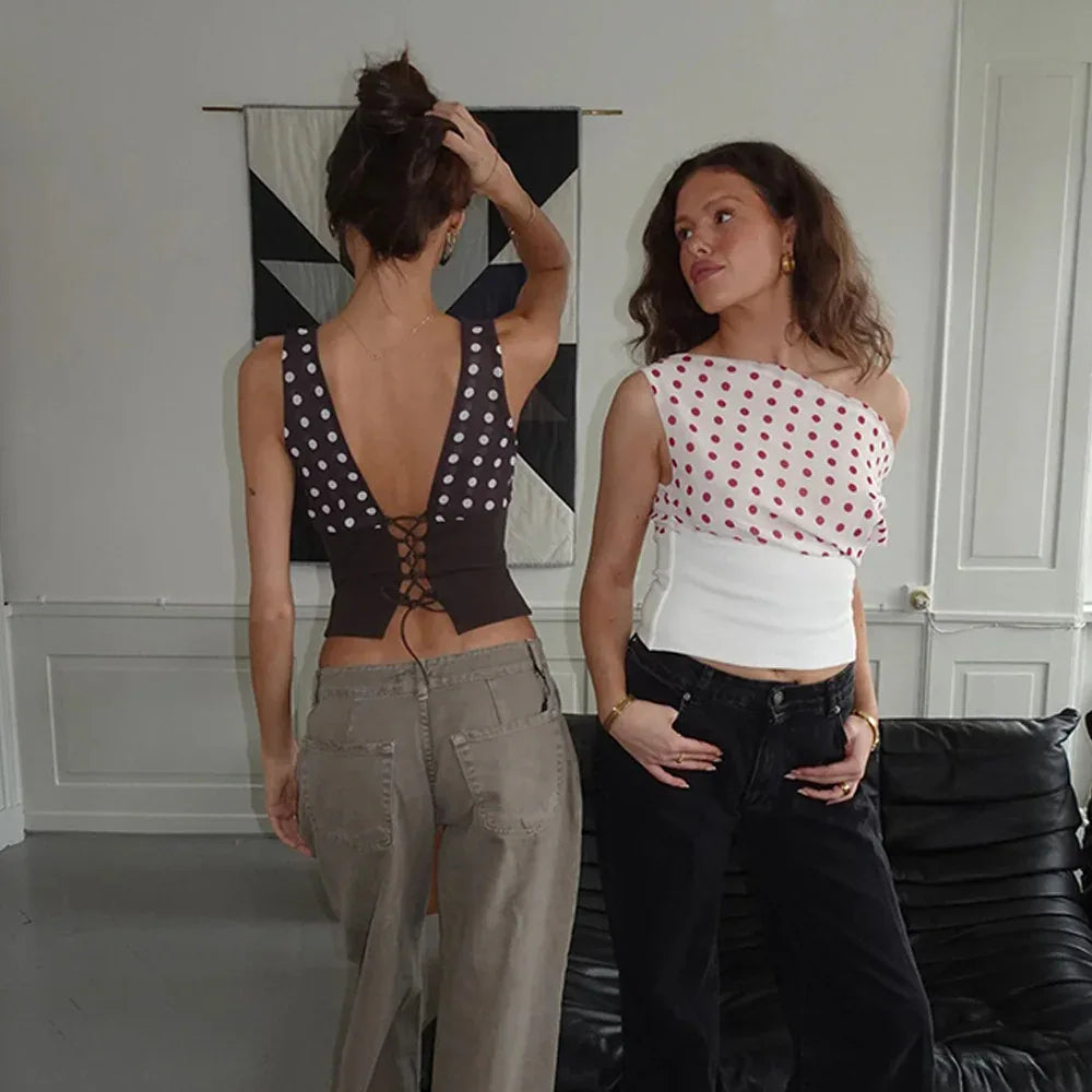 Polka Dots Print Oblique Shoulder Tops Summer Patchwork Chiffon Crop Top Women Sexy Sleeveless Lace Up Backless Blouse Casual Streetwear Tee - Gizmo Galaxy