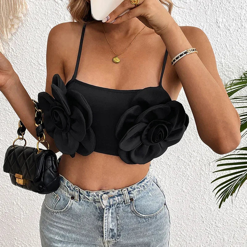 Elastic Roll Flower Sexy Black Camisole - Gizmo Galaxy
