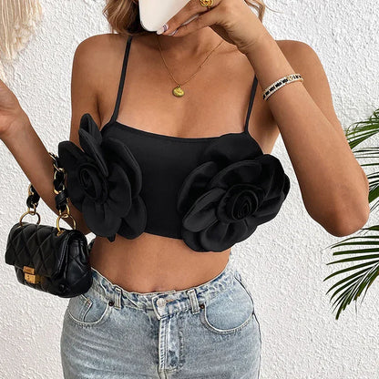 Elastic Roll Flower Sexy Black Camisole - Gizmo Galaxy