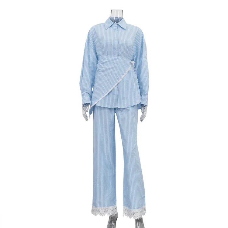 Patchwork Striped Lapel Long-sleeve Shirt Casual Wide-leg Pantsthree-piece Set - Gizmo Galaxy