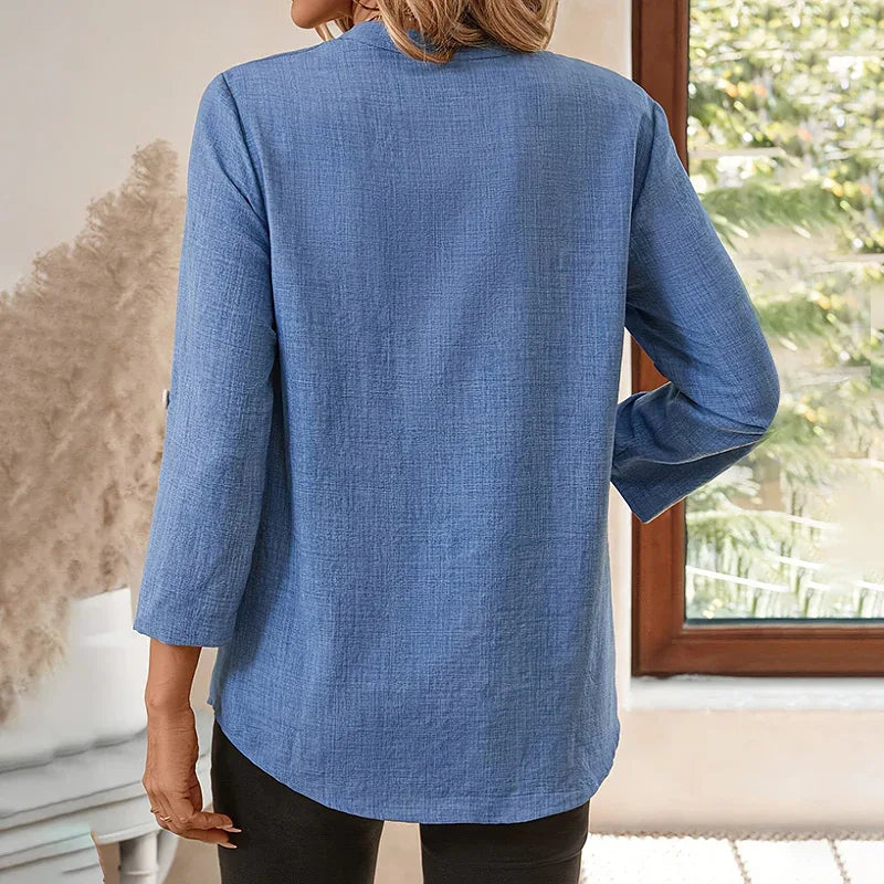 Womens Casual Summer Shirts Notch V Neck Blouses 3 4 Roll Sleeve Tunics Tops - Gizmo Galaxy