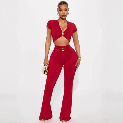 Low-cut V-neck Short-sleeved T-shirt Top With Hardware Waist-length Bodycon Trousers Set - Gizmo Galaxy