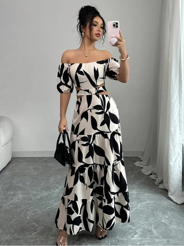Off-shoulder Sexy Hollow-out Dress Printed Bodycon Dress That Flatters Your Figure And Shows Off Your Waist - Gizmo Galaxy