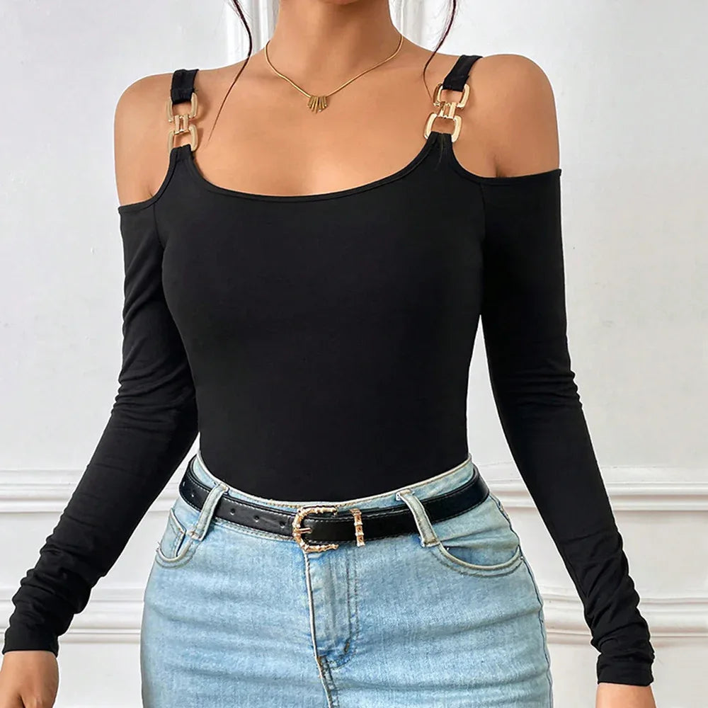 Women's Spring And Summer Fashion Simple Suspender Off-Shoulder Metal Hook Long-Sleeved Sexy Top - Gizmo Galaxy