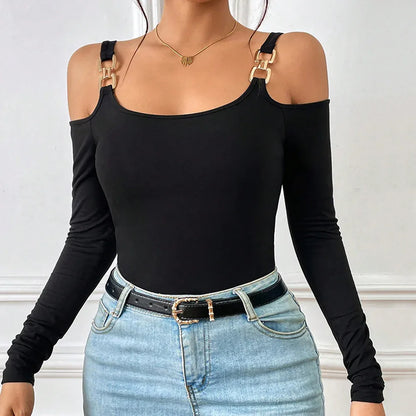 Women's Spring And Summer Fashion Simple Suspender Off-Shoulder Metal Hook Long-Sleeved Sexy Top - Gizmo Galaxy