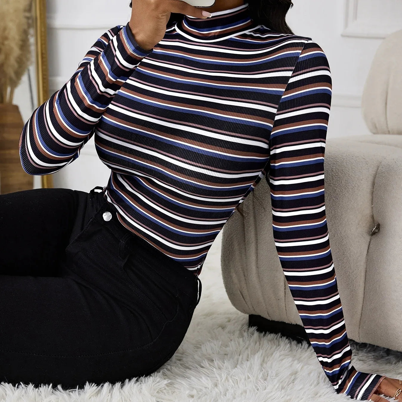 Ladies' Fashionable And Elegant Temperament Versatile Spring Multi-color Splicing Layer Long Sleeved Round Neck T-shirt Top - Gizmo Galaxy