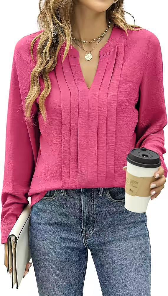 Temperament Commute Long Sleeve Solid Color Sweet Top Women's V-neck Design - Gizmo Galaxy