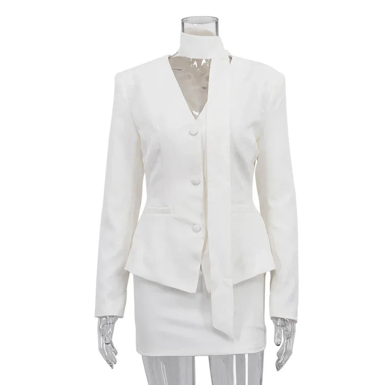 Turtleneck V-neck Long-sleeve Waist-cinching Suit Jacket And Sheath Skirt Two-piece Set - Gizmo Galaxy