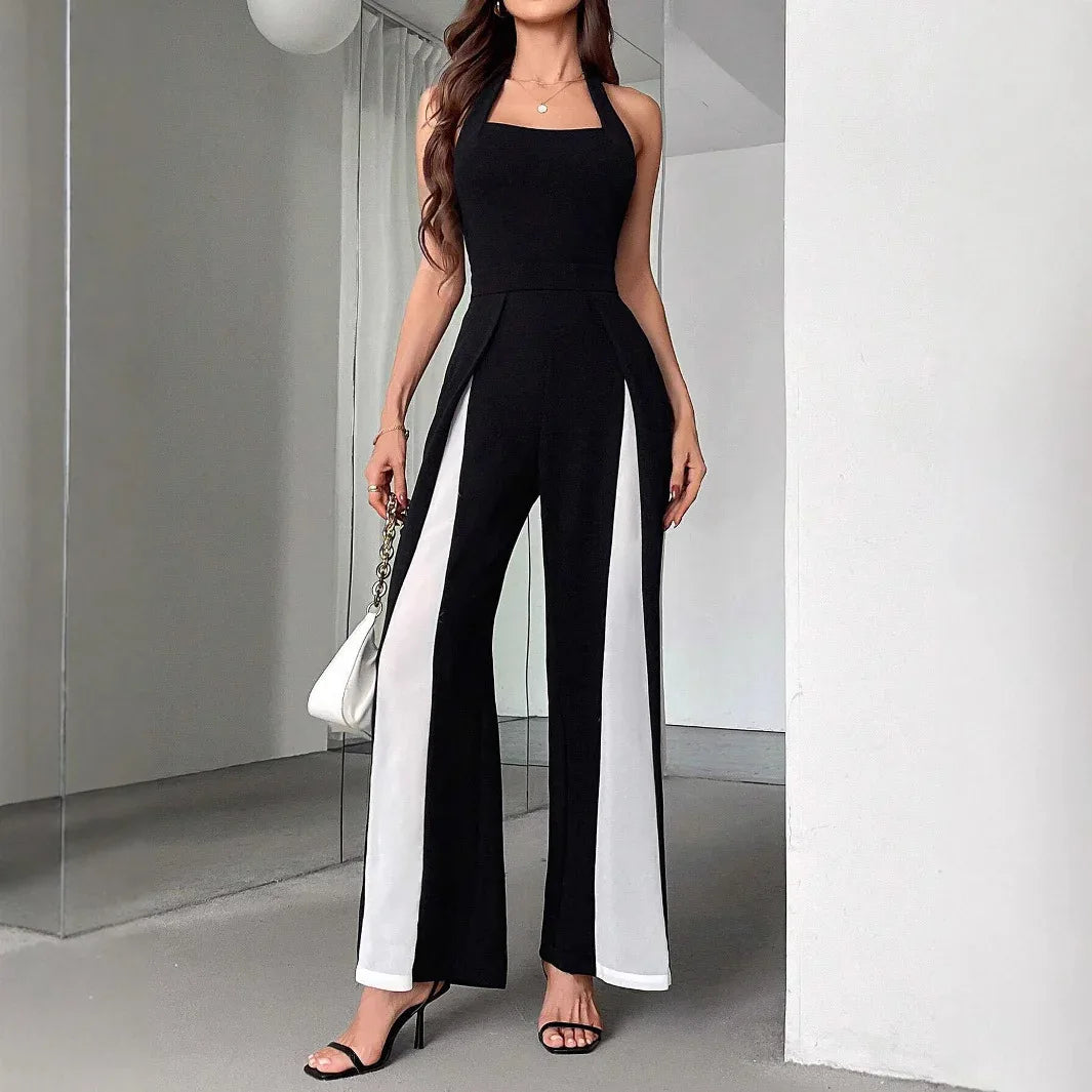 Black And White Color Matching Straight Halter Jumpsuit - Gizmo Galaxy