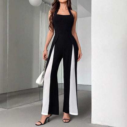 Black And White Color Matching Straight Halter Jumpsuit - Gizmo Galaxy