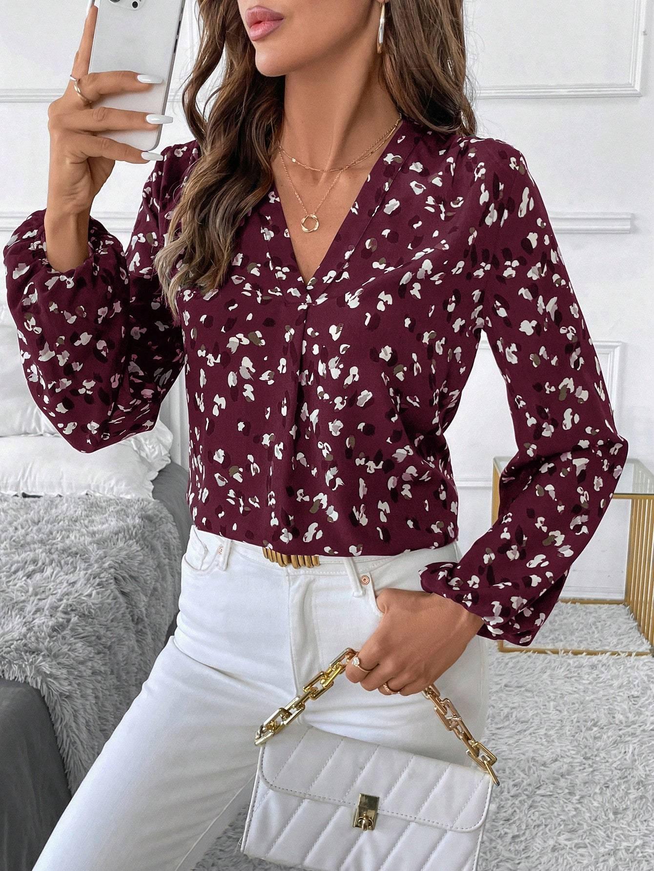 Women's V-Neck All-Over Print Elegant Long Sleeve Blouse,Long Sleeve Tops - Gizmo Galaxy