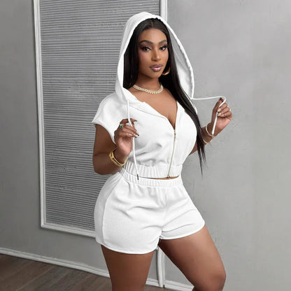 Fashionable Solid-Color Zip-Up Hooded Short-Sleeve Shorts Set - Gizmo Galaxy