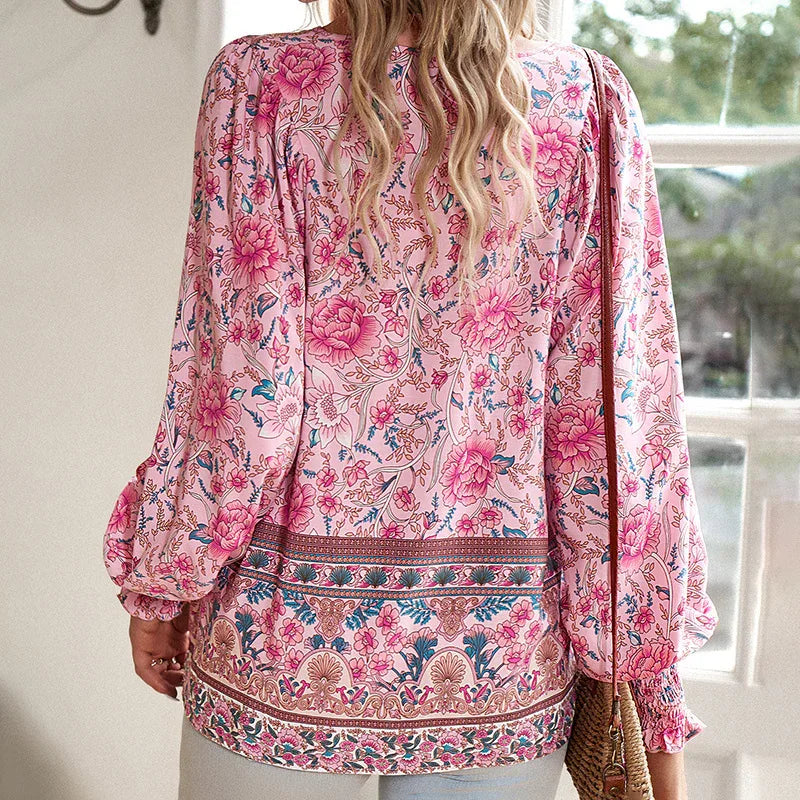 Wpmens Boho Chic Long Sleeve Blouse Floral Print V-Neck Top With Lace-Up & Drawstring Detail Elegant Vacation Shirt - Gizmo Galaxy