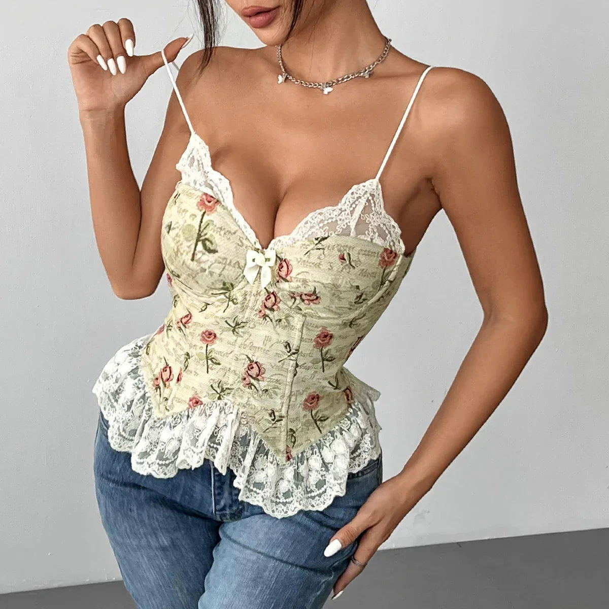 Retro Jacquard Stitching Sexy Lace Lace Spaghetti-strap Vest - Gizmo Galaxy