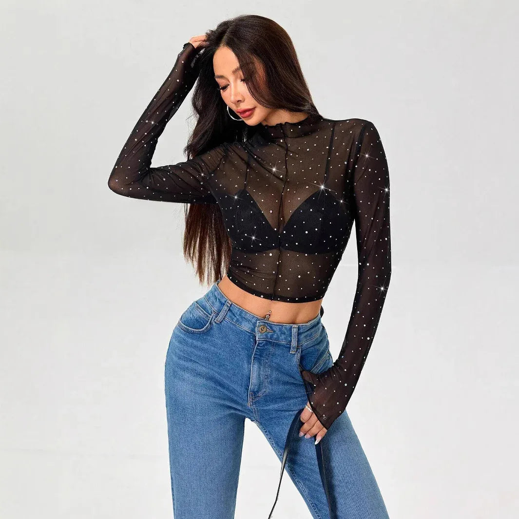 Stand-up Collar Long-sleeved Mesh Transparent Sequined Decorative T-shirt Top - Gizmo Galaxy