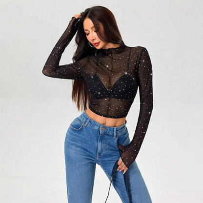 Stand-up Collar Long-sleeved Mesh Transparent Sequined Decorative T-shirt Top - Gizmo Galaxy