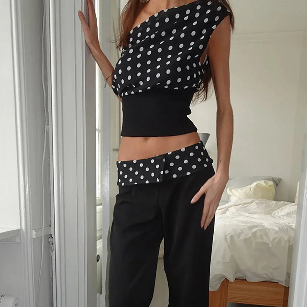 Polka Dots Print Oblique Shoulder Tops Summer Patchwork Chiffon Crop Top Women Sexy Sleeveless Lace Up Backless Blouse Casual Streetwear Tee - Gizmo Galaxy