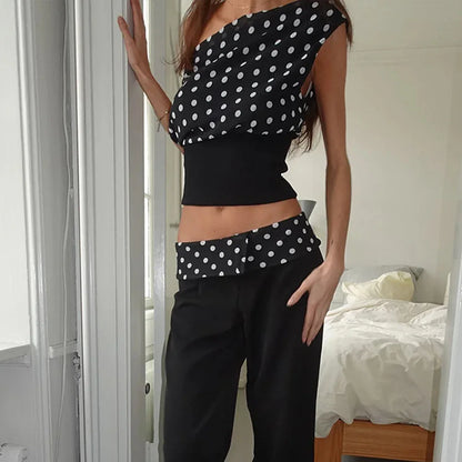 Polka Dots Print Oblique Shoulder Tops Summer Patchwork Chiffon Crop Top Women Sexy Sleeveless Lace Up Backless Blouse Casual Streetwear Tee - Gizmo Galaxy