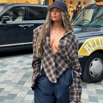 Women's Plaid Low Collar Shirt - Gizmo Galaxy