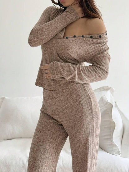 Knitted Ribbed T-shirt And Pants For Women - Gizmo Galaxy