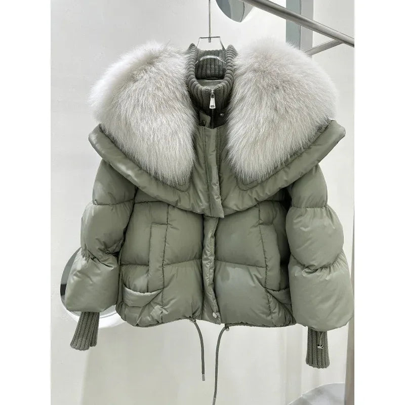 High-end Fox Fur Collar White Duck Down Short Down Jacket Female Light Luxury Loose And Warm Puffer Jacket Coat - Gizmo Galaxy