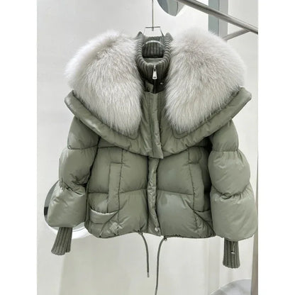 High-end Fox Fur Collar White Duck Down Short Down Jacket Female Light Luxury Loose And Warm Puffer Jacket Coat - Gizmo Galaxy