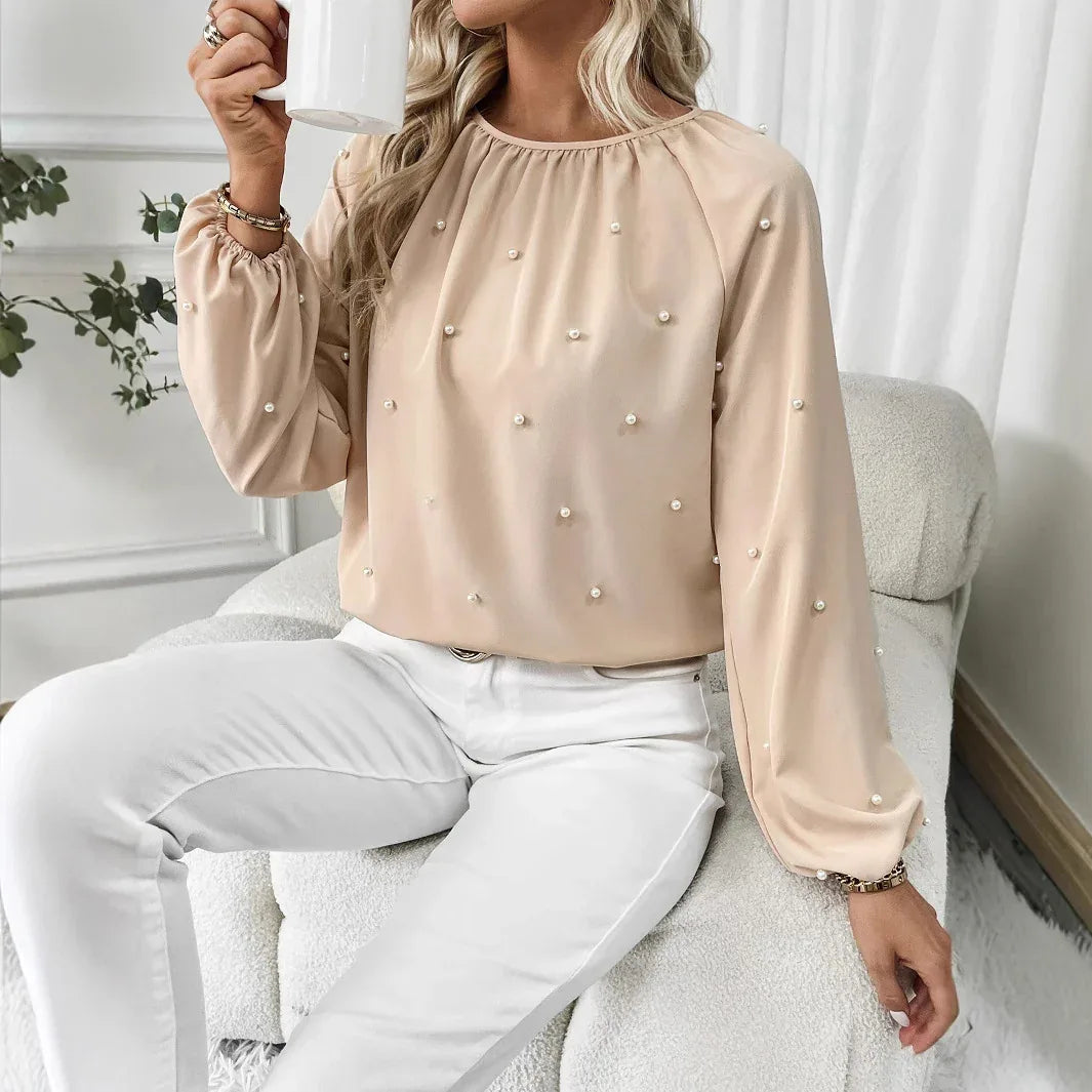 European And American Women's Round-neck Beaded Lantern Sleeve Shirt - Gizmo Galaxy