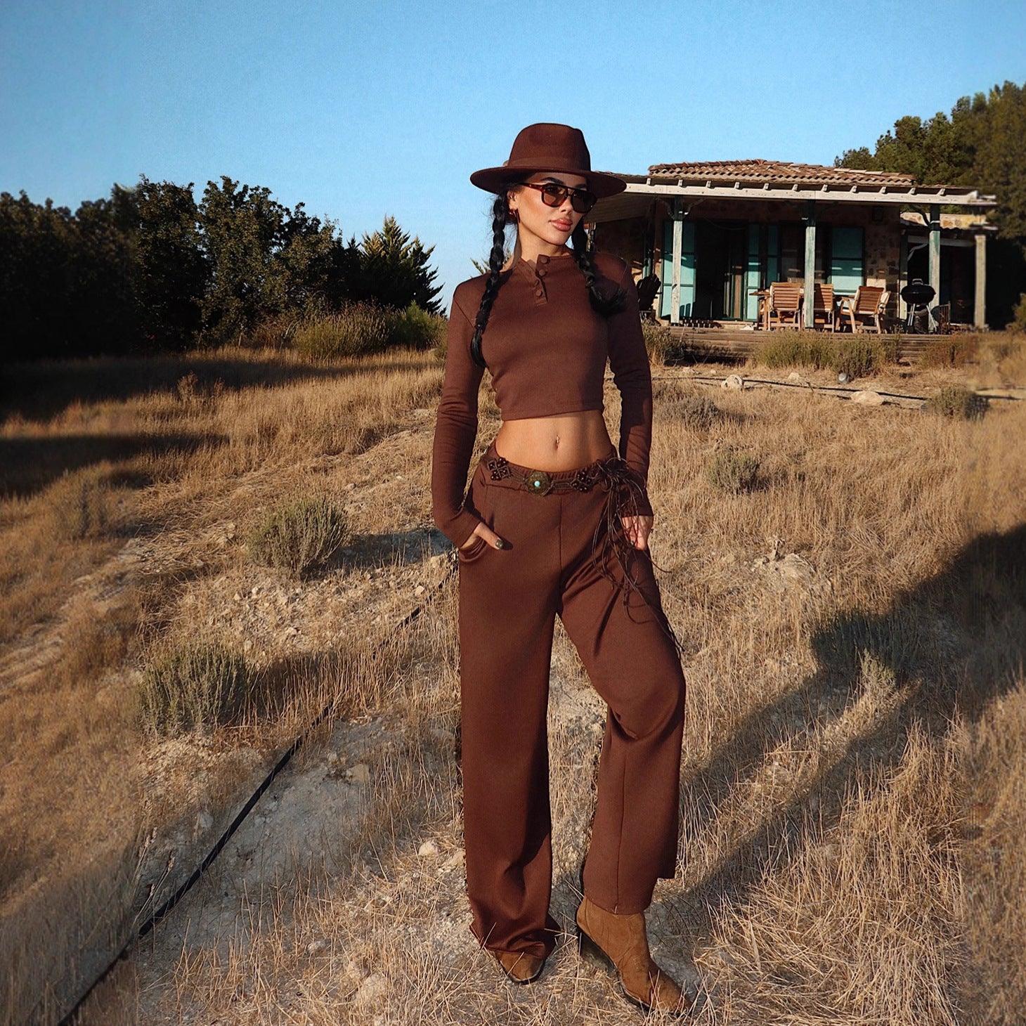 Women's Solid-color Casual Crew-neck Button-up Long-sleeve Top And Trousers - Gizmo Galaxy