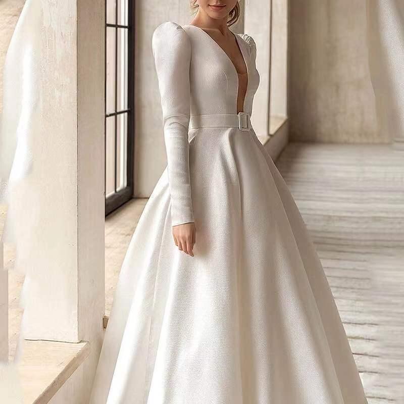 Ladies Style White Dress Satin Surface Was Thin And High French Temperament Dress Long Skirt - Gizmo Galaxy