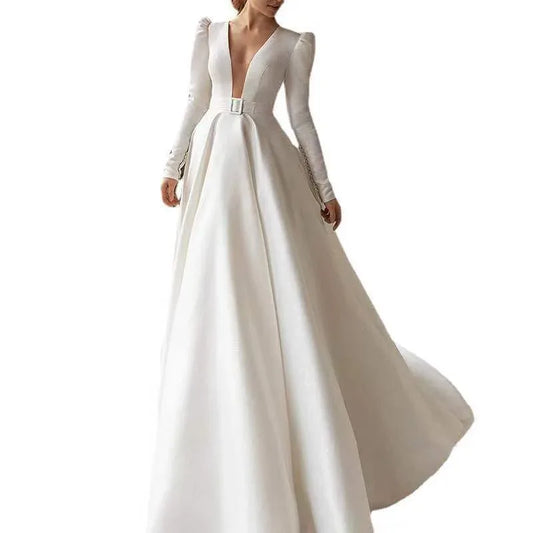 Ladies Style White Dress Satin Surface Was Thin And High French Temperament Dress Long Skirt - Gizmo Galaxy
