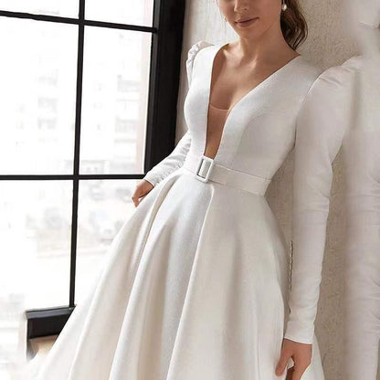 Ladies Style White Dress Satin Surface Was Thin And High French Temperament Dress Long Skirt - Gizmo Galaxy