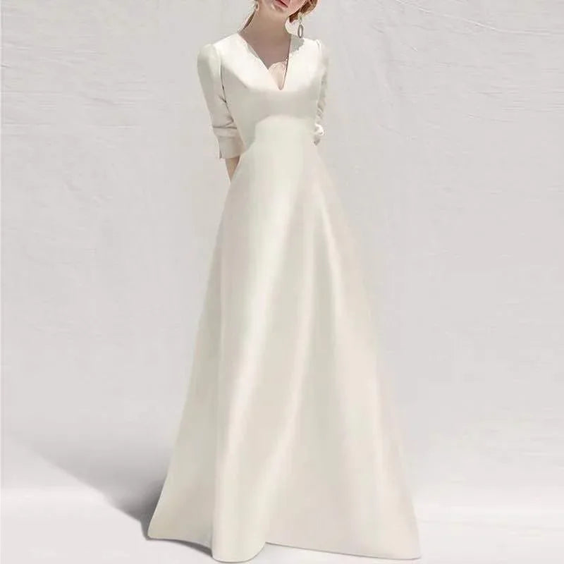 Ladies Style White Dress Satin Surface Was Thin And High French Temperament Dress Long Skirt - Gizmo Galaxy