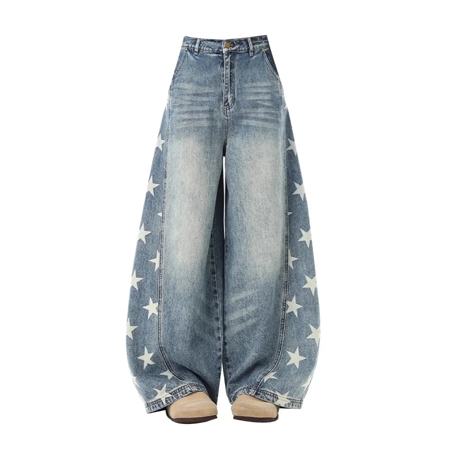 American Style Retro Washed Denim Pants Loose Trendy Wide Leg Trousers - Gizmo Galaxy