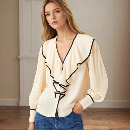 New Women's V-neck Retro Loose-fit Contrast-color Pleated Blouse - Gizmo Galaxy
