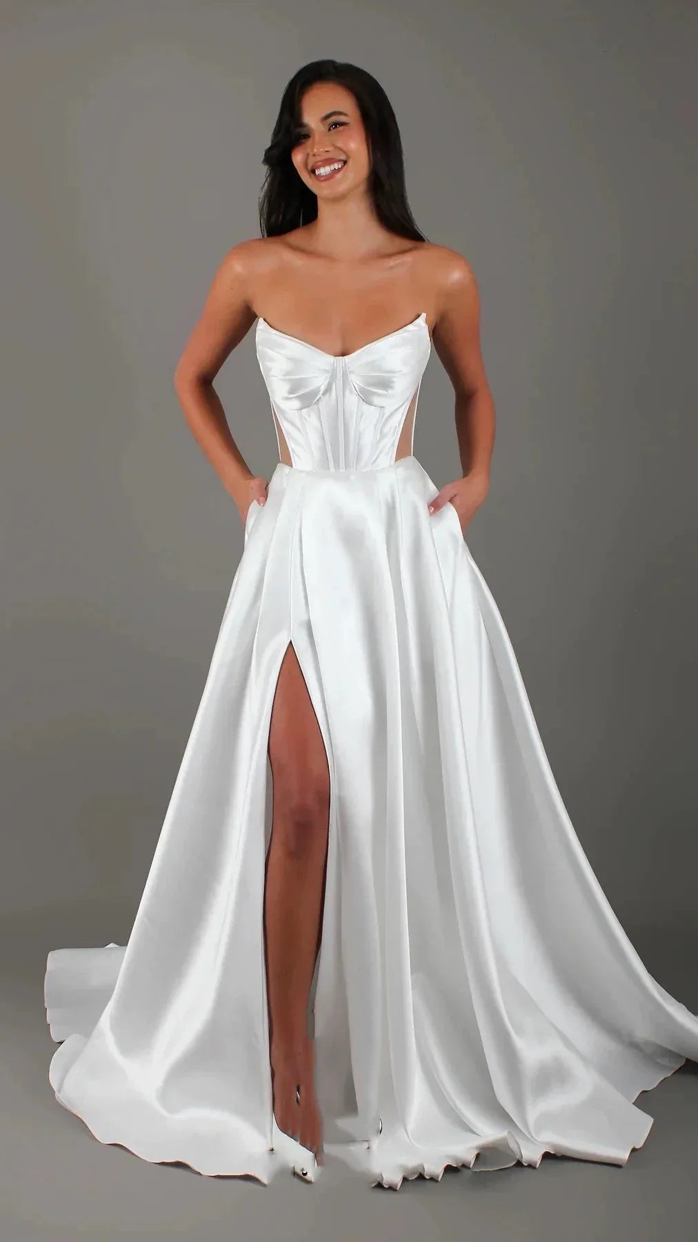 White Satin Slit Pocket Bandage Wedding Dress - Gizmo Galaxy