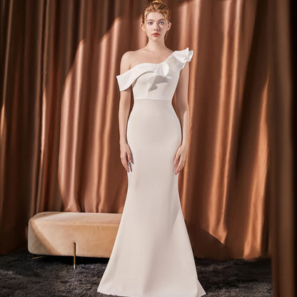 High-end Slant Shoulder Slimming Long Dress - Gizmo Galaxy