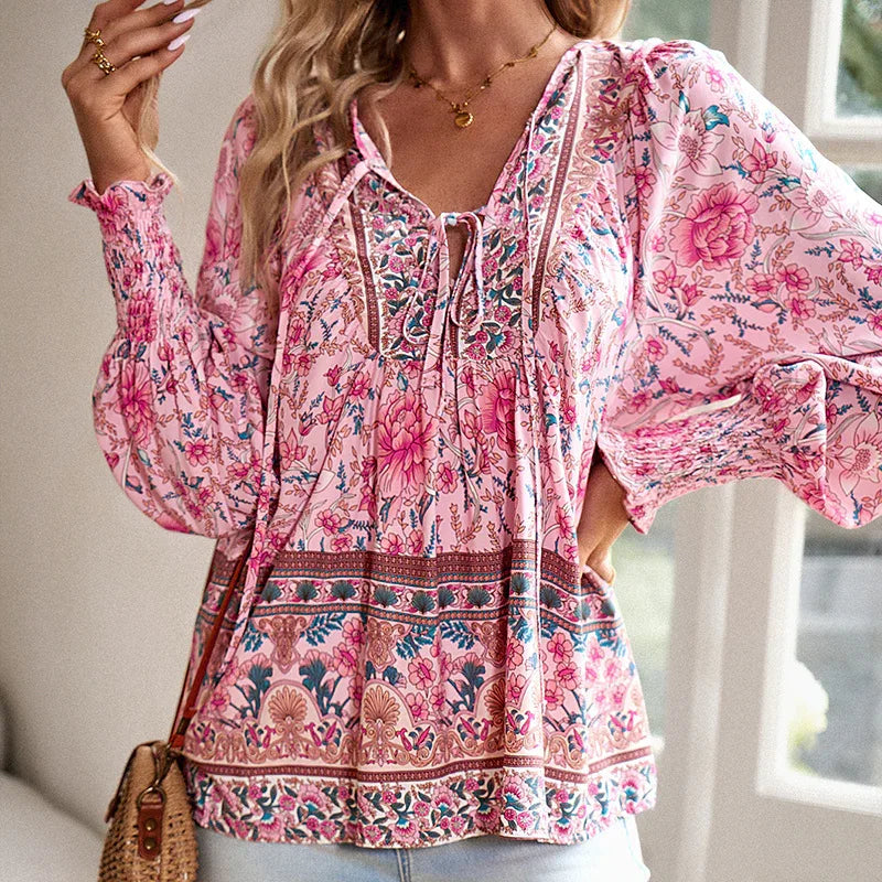 Wpmens Boho Chic Long Sleeve Blouse Floral Print V-Neck Top With Lace-Up & Drawstring Detail Elegant Vacation Shirt - Gizmo Galaxy