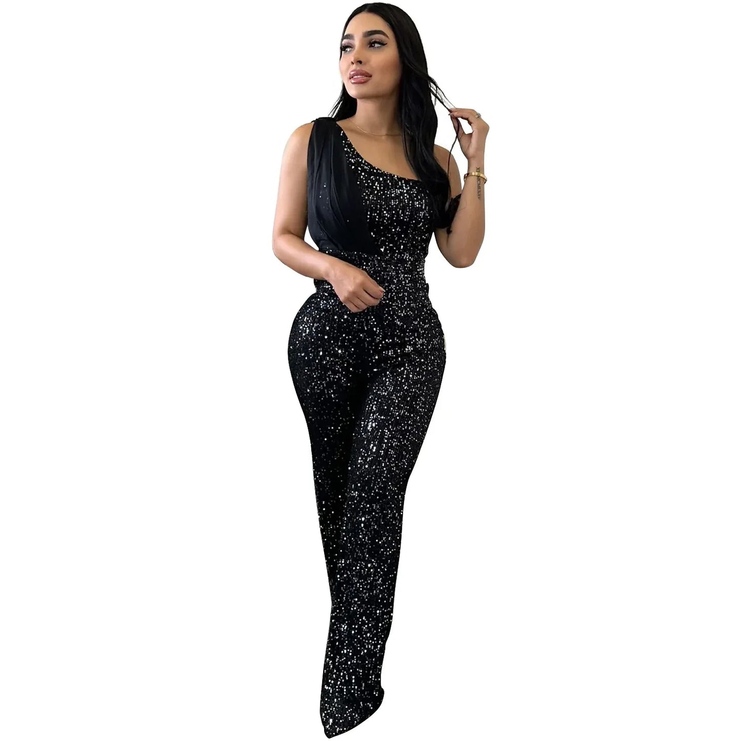 Women's Solid Color Sleeveless One-shoulder Sequined Trousers Jumpsuit - Gizmo Galaxy