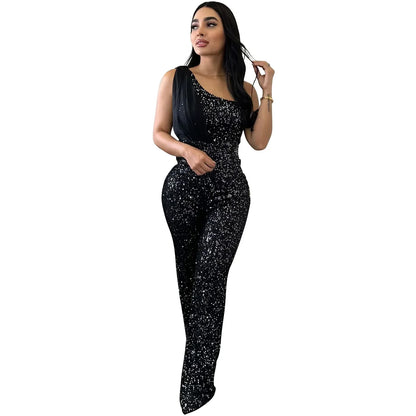 Women's Solid Color Sleeveless One-shoulder Sequined Trousers Jumpsuit - Gizmo Galaxy