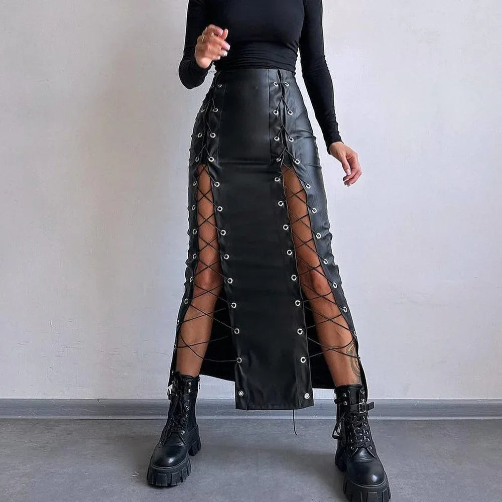 Women's Leather Sexy Solid Color Slit Tie Wrap Skirt - Gizmo Galaxy