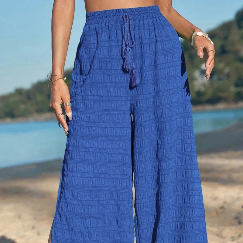 Dark Blue Textured Wide-leg Pants With Slits - Gizmo Galaxy