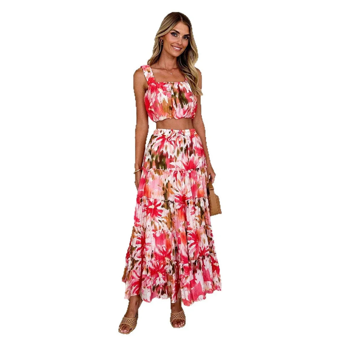 Women's Retro Sleeveless Short Wrap Bustier Printed High Waist Skirt Set - Gizmo Galaxy