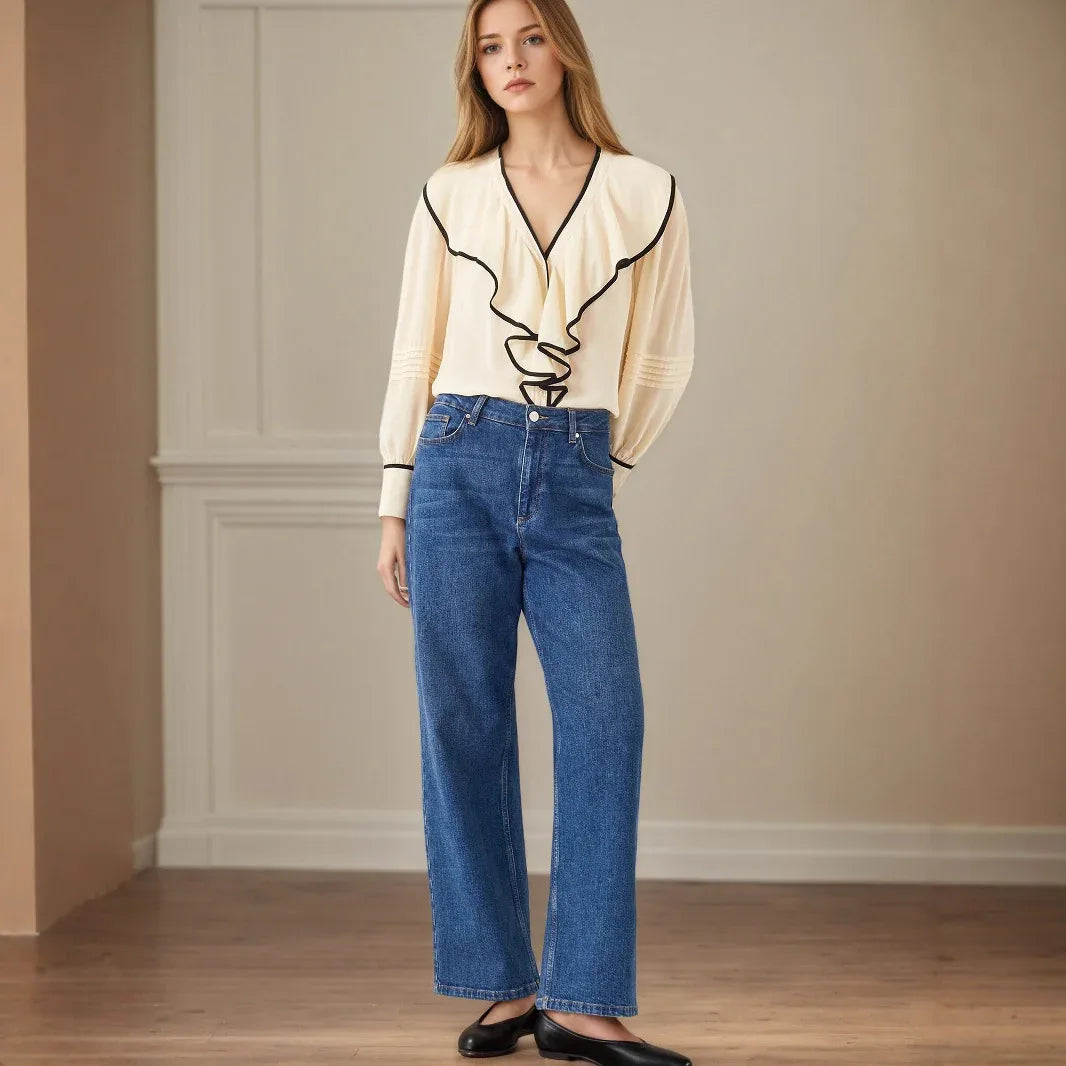 New Women's V-neck Retro Loose-fit Contrast-color Pleated Blouse - Gizmo Galaxy